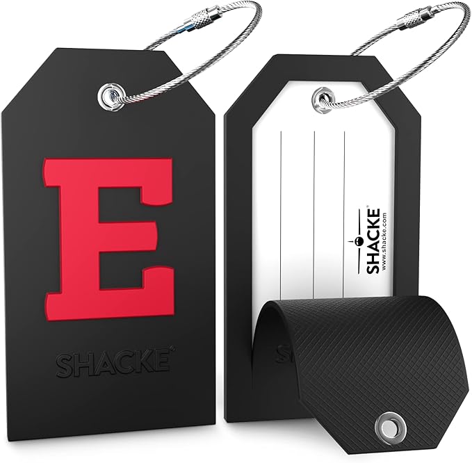 Shacke Large Luggage Tag Initial with Full Privacy Cover and Stainless Steel Loop - Black (Letter E)