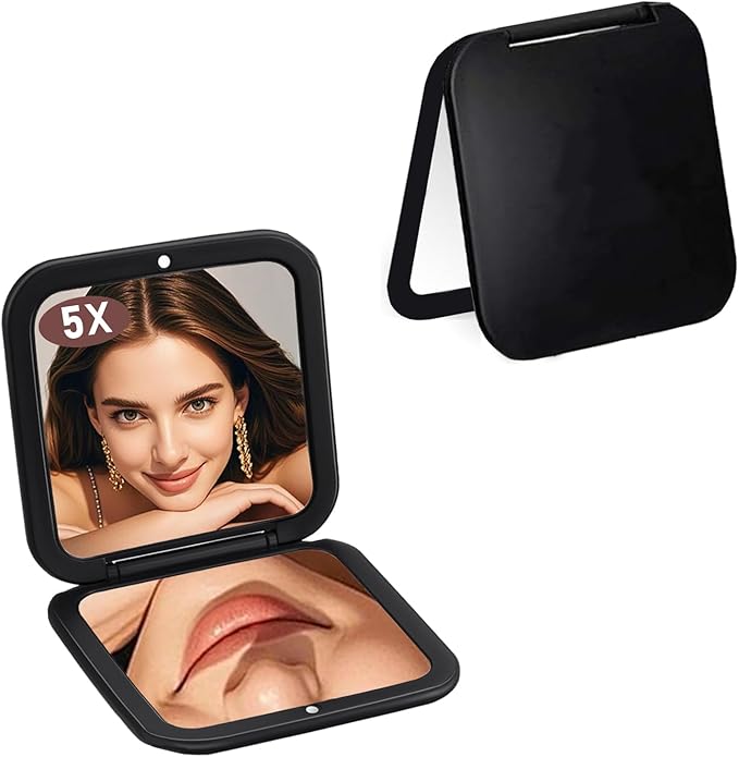 CYHTSHFZ Small Compact Mirror for Purse,5X/1X Travel Magnifying Mirror for Women, Makeup Mirror for Girls, Portable Ultra Slim Pocket Mirror（Black）