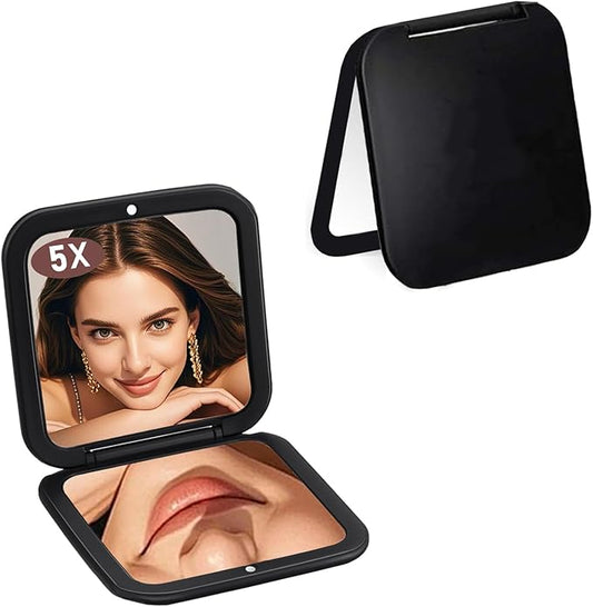 CYHTSHFZ Small Compact Mirror for Purse,5X/1X Travel Magnifying Mirror for Women, Makeup Mirror for Girls, Portable Ultra Slim Pocket Mirror（Black）