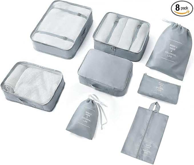 8 Pieces Mesh Packing Cubes for Travel, Luggage Packing Organizers Bags Set, Travel Essentials Suitcases Accessories with Laundry Bag, Storage Shoe Bag, Clothing Underwear Bag (Gray, 8 set)