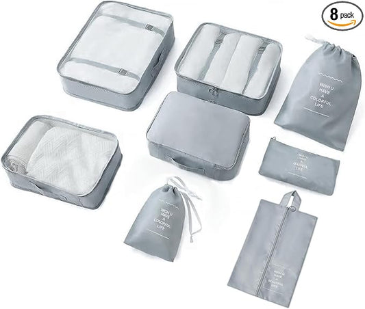 8 Pieces Mesh Packing Cubes for Travel, Luggage Packing Organizers Bags Set, Travel Essentials Suitcases Accessories with Laundry Bag, Storage Shoe Bag, Clothing Underwear Bag (Gray, 8 set)