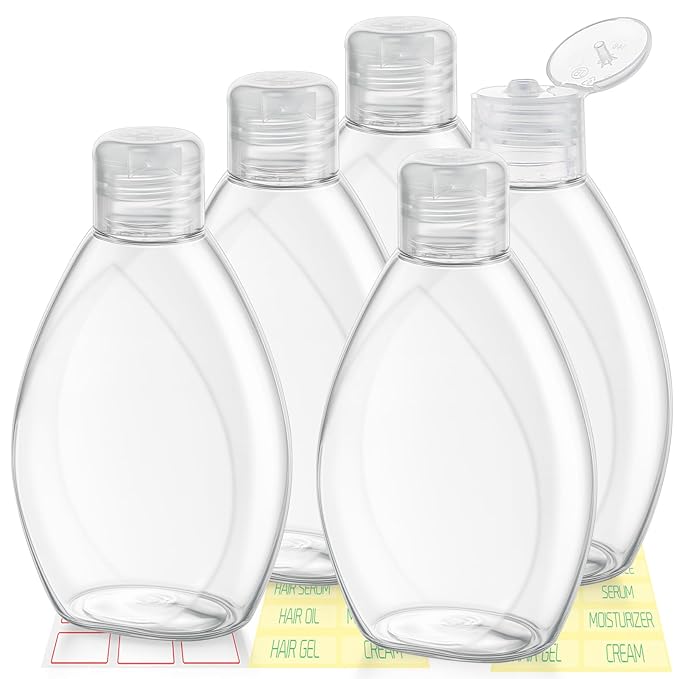 Travel Shampoo and Conditioner Bottles 6.9oz 5 Pack Leak Proof Plastic Squeeze Bottles with Flip Cap Refillable Toiletry Bottle Empty Containers for Shampoo Conditioner Body Wash(Clear)