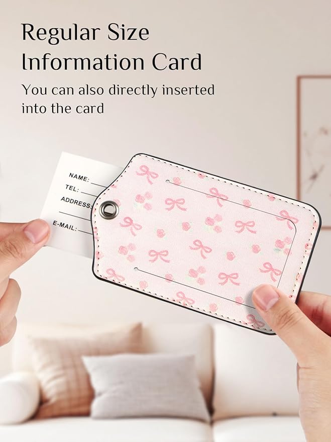 Seorsok 2Pcs Luggage Travel Tags for Suitcases,Pink Bow PU Leather Name Tag with Privacy Cover&ID Label Address Card and Durable Metal Ring Suitable for Men Women Handbags Backpack,Blooming Rose
