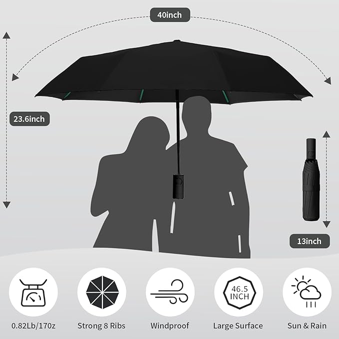Compact Automatic Folding Travel Umbrella-Windproof Rainproof, PF50+ Sun Protection for Hiking,Outdoor,Chool,Golf Course & Daily Use,Sturdy Multi-Ribbed Frame