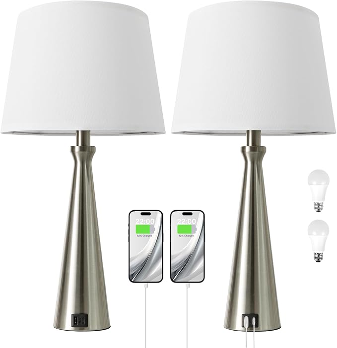 Seealle Modern Table Lamps Set of 2 - Touch Bedside Lamp for Nightstand with Dual USB C+A,3-Way Dimmable Silver Nightstand Lamps for Living Room Bedroom End Table with White Shade(Bulb Included)