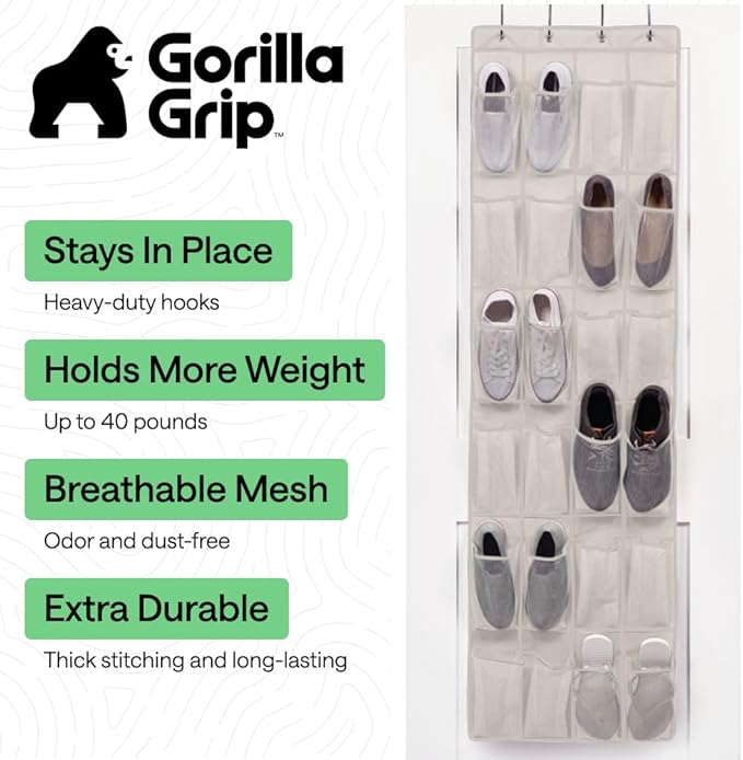 GORILLA GRIP Over the Door Shoe Organizer, 24 Large Breathable Mesh Pockets, Space Saving Hanging Storage Holder, Closet Rack Hanger Holds Up to 40 lbs, Hangs on Closets for Shoes, Accessories, Linen