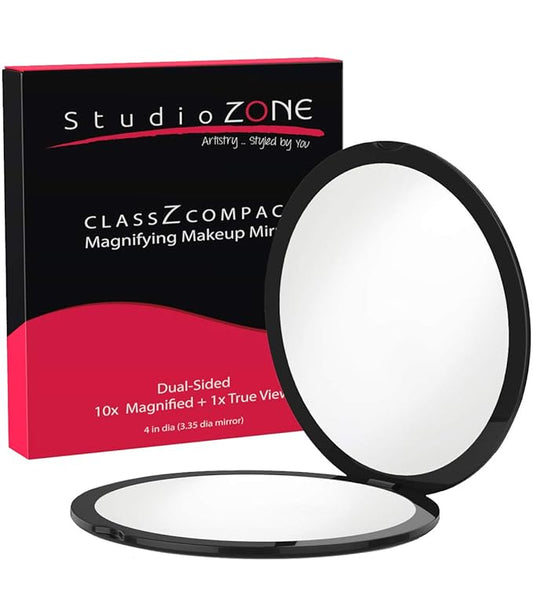 Compact Mirror - 10X Magnifying Mirror - Perfect for Purses - Small Travel Size - 2-Sided with 10X magnification and 1x w No Zoom - Black ClassZ Large Compact Mirrors for Women - 4 Inch Diameter
