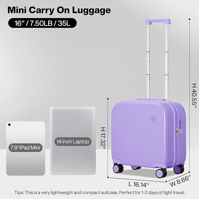 mixi Carry on Luggage, Suitcase with Spinner Wheels 16in Luggage Hardshell Lightweight Rolling Suitcases PC with Cover & TSA Lock, Lilac Purple