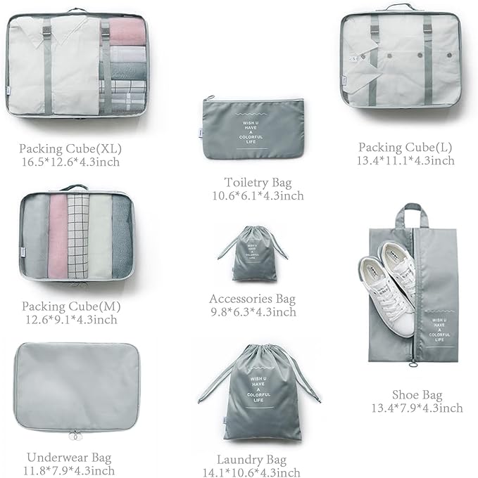 8 Pieces Mesh Packing Cubes for Travel, Luggage Packing Organizers Bags Set, Travel Essentials Suitcases Accessories with Laundry Bag, Storage Shoe Bag, Clothing Underwear Bag (Gray, 8 set)