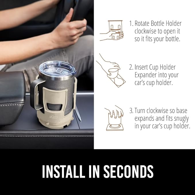 GORILLA GRIP Patent Pending Adjustable Car Cup Holder Expander, Keeps Water Bottle Secure, Expands to Fit 18 to 48 oz Large Bottles, Yeti, Owala, Stanley with Handle, Coffee Mug Insert for Cars, Tan
