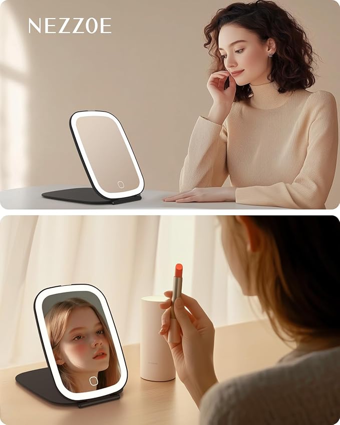 NEZZOE Rechargeable Travel Makeup Mirror with LED Light, 3 Lighting Modes, 7x5 Inch Foldable Vanity Mirror for Desk or On The Go, Black