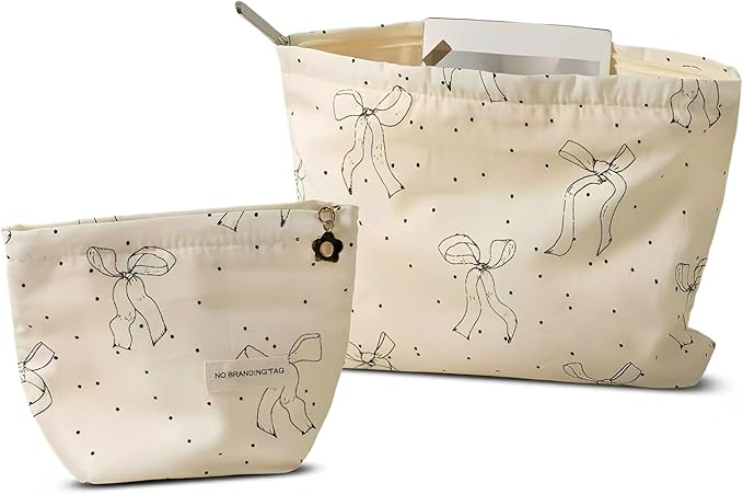 HAPPYHEIDI Makeup Bag Set,Cute Organizing Pouch, Cotton, Beige Bow Pattern, Zipper Closure, Large 10.2x7.8 Inches, Small 6.5x6.5 Inches, Lightweight