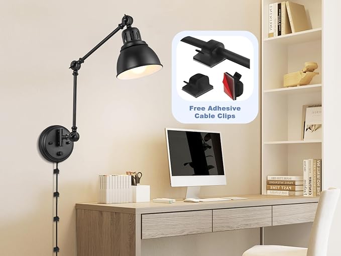 GOODATE 1 Pack Plug in Wall Sconce with Remote, Dimmable, Adjustable Colors, Swing Arm Wall Lamp, Plug in Wall Light with Timer & Night Light (Black, with Bulb+Remote)