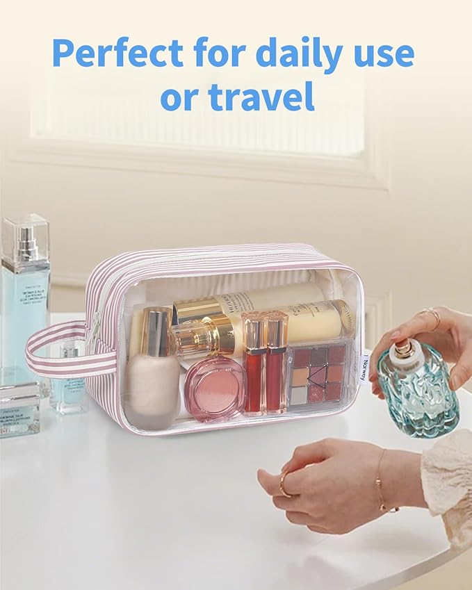 Narwey Clear Toiletry Bags for Traveling Women Men, Clear Travel Bags for Toiletries Makeup Bag Cosmetic Bag with Zipper, Make Up Organizer, Skincare Bag (Dusty Pink Stripe)