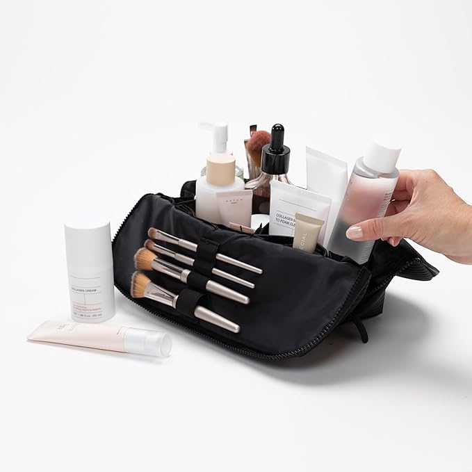 THE VERTI-Vertical Waterproof Makeup & Toiletry Bag | 23-Pocket Organizer with Upright, Fold-Down Design for Skincare, Toiletries & Essentials (Onyx)