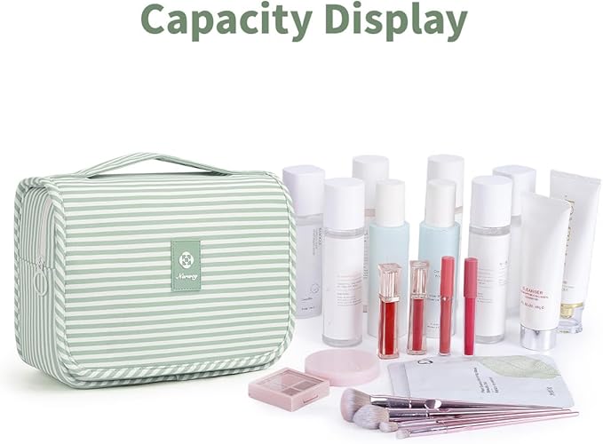 Narwey Small Hanging Toiletry Bag for Travel Women Girl, Striped Toiletries Travel Bag with Hook, Hanging Makeup Bag Organizer Make Up Cosmetic Bags (Mint Green Stripe)