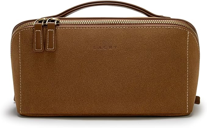 EACHY Travel Makeup Bag, Large Capacity Cosmetic Bag for Women, Waterproof PU Leather, Flat Open Portable Toiletry Bag for Skincare, Brushes & Travel Essentials