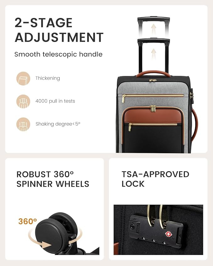 LOVEVOOK Carry on Suitcase 22x14x9 Airline Approved,20 inch Lightweight Waterproof Suitcases with 360° silent swivel wheels, TSA Lock and Compartment, Large Capacity travel Suitcase Black-gray-brown