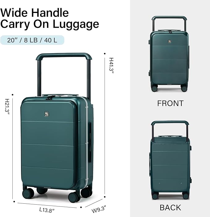 Hanke Top Opening Carry On Luggage, 20 Inch All-PC Aluminum Frame Wide Handle Luggage, Hard Shell Trunk Suitcase with Spinner Wheels, TSA Airline Approved (Blackish Green, 40L)