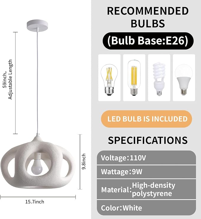 JAYMP Hollow-Out Shape Pendant Light Fixture for Dining Room Kitchen Island Hallway Restaurant Modern Hanging Lamp E26 Base Japanese Style Lighting Fixture, 1 Pack, Matte White, 40cm/15.7in