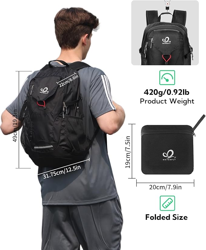 WATERFLY Lightweight Packable Hiking Backpack: 30L Foldable Travel Daypack Ultralight Camping Day Pack for Woman Man