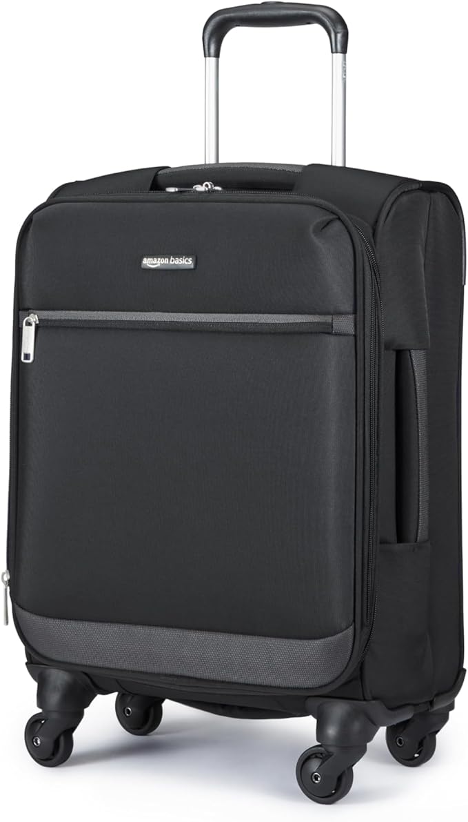 Amazon Basics 18" Medium Carry-On Softside Expandable Suitcase with 360-Degree Spinner Wheels, Telescoping Handle, Zippered Pocket and Straps, Black