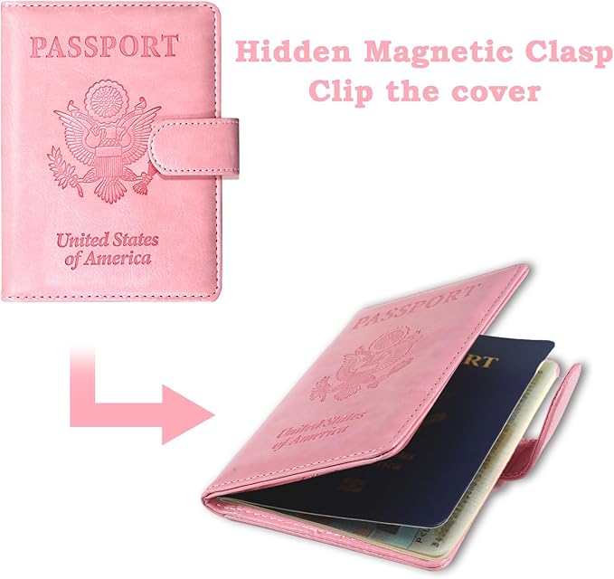 Sizobi Passport Holder for Travel, RFID Passport Cover Wallet for Women Men, Leather Passport Book Card Holder Case for International Travel Must Haves Accessories, Cruise Ship Essentials Gifts, Pink