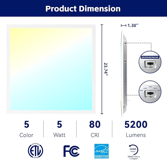 12 Pack 2x2 LED Panel Light 5CCT Selectable Drop Ceiling Light Fixture | Dimmable,3000K-6500K,5 Wattage Adjustable 20-40W,ETL Listed Commercial Fixture,Backlit LED Panel Design