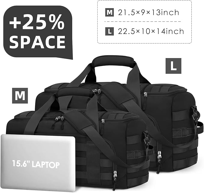 ZOMFELT Tactical Gym Bags for Men, Travel Duffle Bag with Removable Dividers & Innovative Shoe Compartment, 3-in-1 Waterproof MOLLE Gym Duffel Backpack, Airplane Carry-On Approved, Black