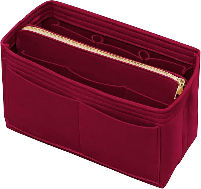 DailyPlus Purse Organizer Insert with Zipper Felt Bag Organizer Handbag Organizer Insert Bag in Bag Organizer with Key Chain for Tote Purse Bag Dark Red X-Large