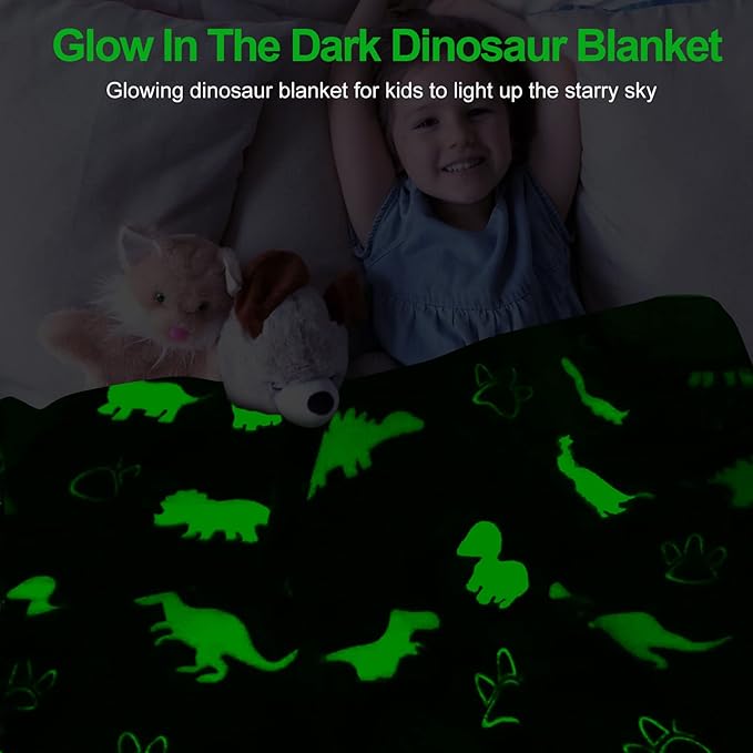 TEHALK Dinosaur Glow in The Dark Blanket for Kids, Toddler Blanket for Boys, Dinosaur Gifts for Boys/Kids, Soft Fleece Blanket Throw, Birthday Gifts 40"x60" (Pack of 2)