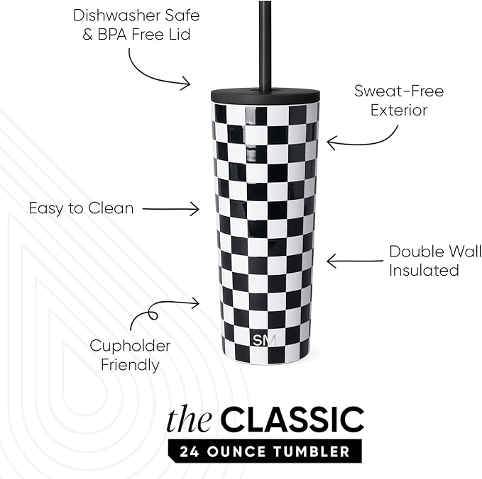 Simple Modern Classic Tumbler with Straw Lid | Insulated Iced Coffee Cup Reusable Stainless Steel Water Bottle Travel Mug | Gifts for Women Men Her Him | 24oz | Black and White Checkmate