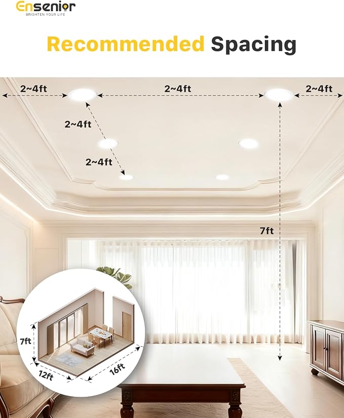 Ensenior 12 Pack 4 Inch LED Recessed Light, Dimmable, 5000K Daylight, 750LM High Brightness, 9W 120V, 2 Pin, ERL-9X-ETL, Damp Rated, Ultra-Thin Canless Wafer Ceiling Light - ETL & FCC & IC | 5000K Daylight, 5%-100% Dimmable, 750LM 9W 120V, IC & Damp Ra...