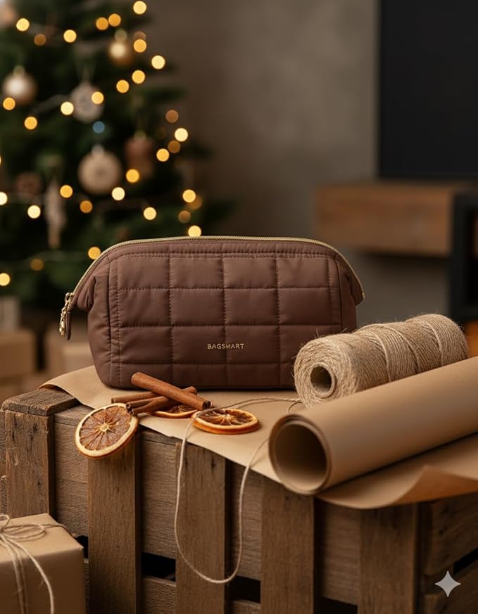 BAGSMART Makeup Bag Travel Toiletry Bag, Puffy Padded Make Up Bags for Women Makeup Organizer Case, Wide-open Pouch Purse Travel Essentials Toiletries Accessories Brushes, Chocolate