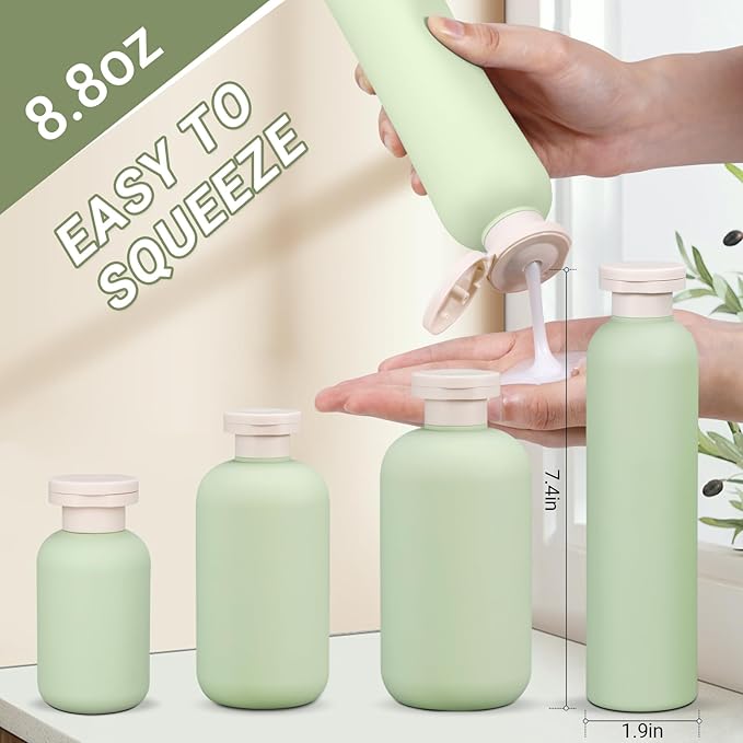 ASEVAT 8.8 oz Plastic Leak Proof Travel Bottles for Toiletries, Plastic Travel Size Containers, Shampoo and Conditioner Bottles Refillable Squeeze Bottle for Lotion, Body Wash (4Pcs)