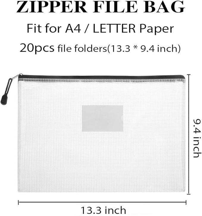 Sooez 20 Pack Mesh Zipper Pouch Bags, A4 Letter Size Zipper Bag with Label Pocket, Waterproof Pouches Classroom Organizer, Board Game Toy Storage, Document Bag Teacher School Office Supplies, Black