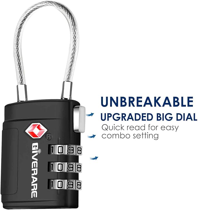 2 Pack TSA Approved Luggage Locks, Cable Travel Lock Alloy, Set Your Own Combination Metal Suitcase Zipper Padlock, 3-Digit Long Shackle Padlocks for Gym Locker, Golf Bag, Case Anti Theft-Black