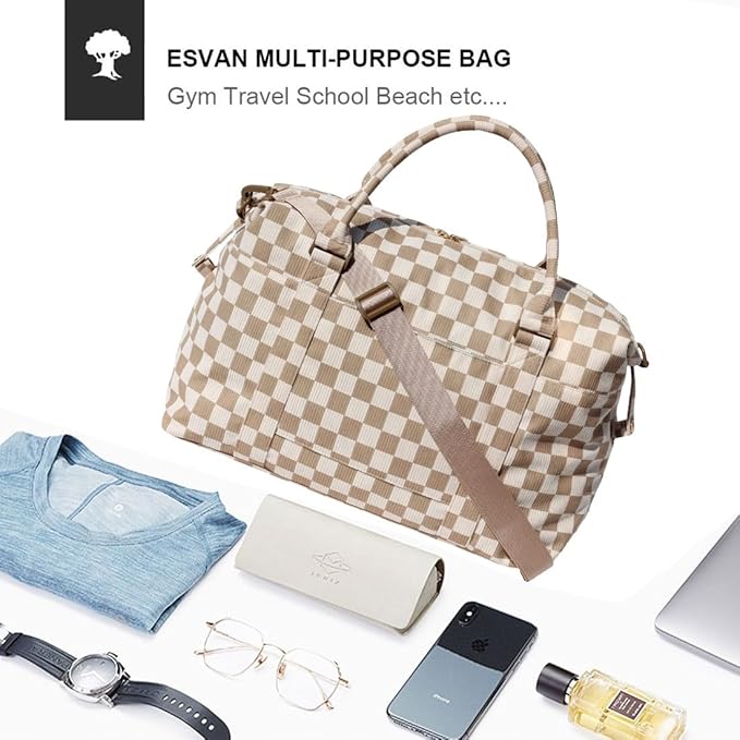 ESVAN Travel Tote Duffel Gym Bag,Weekender Overnight Carry-on Tote Crossbody Bag with Wet Pocket and Trolley Sleeve Upgraded
