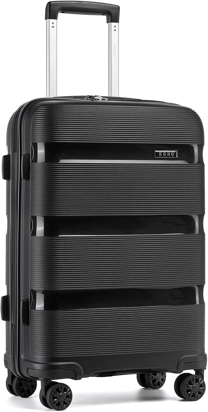 Kono Carry On Luggage 24 Inch Checked-Medium Hard Shell Travel Trolley 4 Spinner Wheels Lightweight Polypropylene Suitcase with TSA Lock, Black
