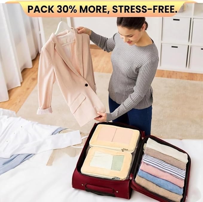 Small Compression Packing Cubes 4-Piece Set - Space Saving Travel Organizer Bags for Carry-On Luggage, Compressible Mesh Packing Cubes for Travel Women Ultralight