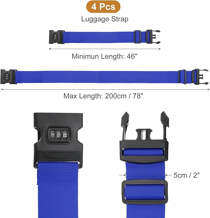 MECCANIXITY Luggage Straps with Combination Lock Adjustable Suitcase Belt Strap for Suitcase Briefcase Backpack Travel, Dark Blue, Pack of 4