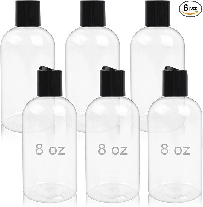 6 Pack 8 oz Empty Plastic Bottles with Black Disc Caps Reusable Clear Leak-Proof Travel Squeeze Containers for Shampoo Conditioner Toiletries Liquid Soap