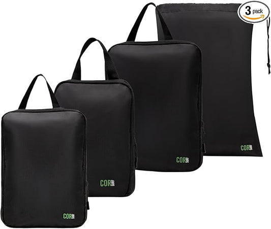 Compression Packing Cubes Travel Organizers plus Laundry or Shoe Bag with YKK Zippers (Black, 4 Piece)