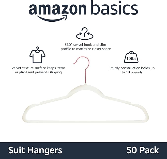 Amazon Basics Slim Velvet Non-Slip Space Saving Suit Clothes Hangers, Closet Organizer, Sturdy Construction, Ivory/Rose Gold, 50-Pack