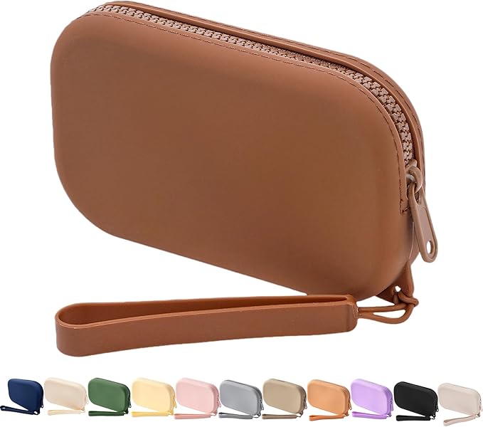 Small Silicone Multifunctional Essential Bag Portable Travel Makeup Bag for Women Men Cards Cash Bag Zipper Pouch (Brown)