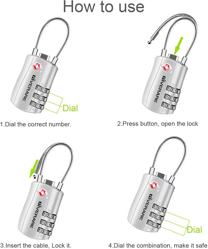 GIVERARE 2 Pack TSA Approved Luggage Locks, Combination Travel Cable Lock, Re-settable 3-Digit Padlocks with Alloy Body, Keyless TSA Padlock for Gym Locker, Golf Bag Case-Silver