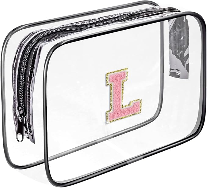 Clear Toiletry Bag,Portable Travel Toiletry Bag,Chenille Letter Cosmetic Bag with Zipper,Waterproof Makeup Bag,Cosmetic Storage Organizer for Women Men,Travel Essentials (Black,L)