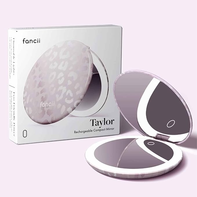 Fancii Taylor LED Lighted Travel Makeup Mirror, Rechargeable, 10x /1x Magnifying, Tru-Glow Lighting System, XL Large 5” Wide | Compact Mirror for Purses (Cosmic Leopard)