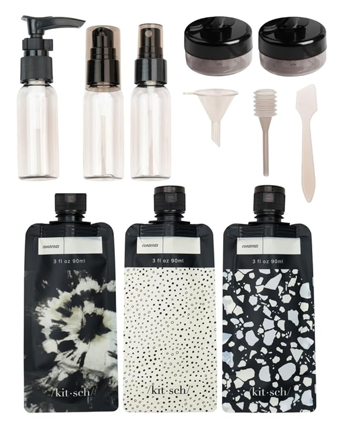 Kitsch 11 PCS Travel Containers for Toiletries – Travel Essentials Kit for Shampoo, & More - TSA Approved Bottles for Travel Size Toiletries, Leak-Proof Refillable Travel Containers - Black & Ivory