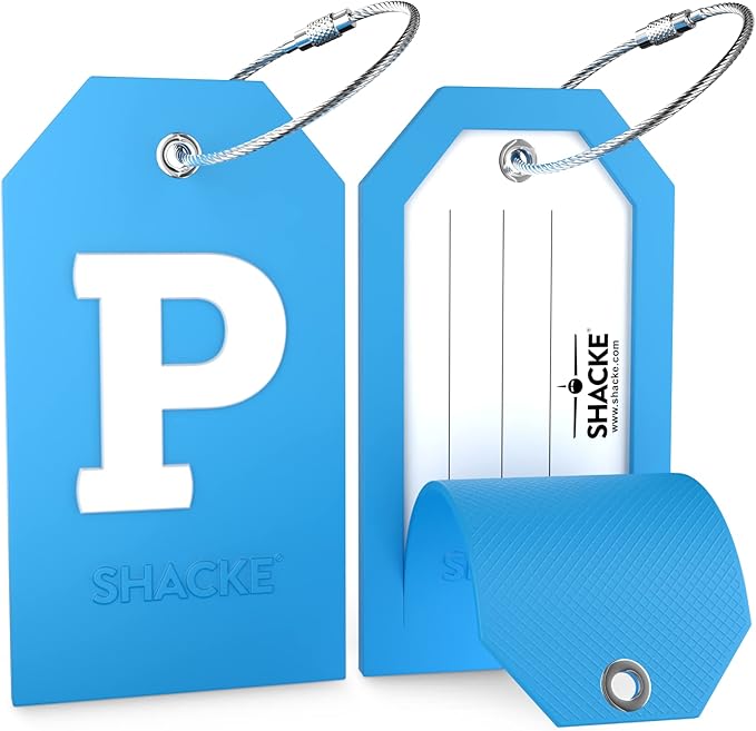 Shacke Initial Luggage Tag with Full Privacy Cover and Stainless Steel Loop - Aqua Teal (Letter P)